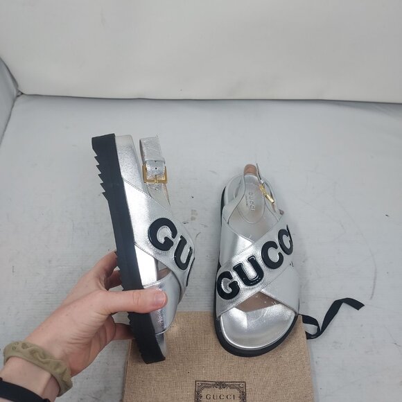 Gucci Ornella Silver Leather Logo Cross Sandal - Picture 1 of 11